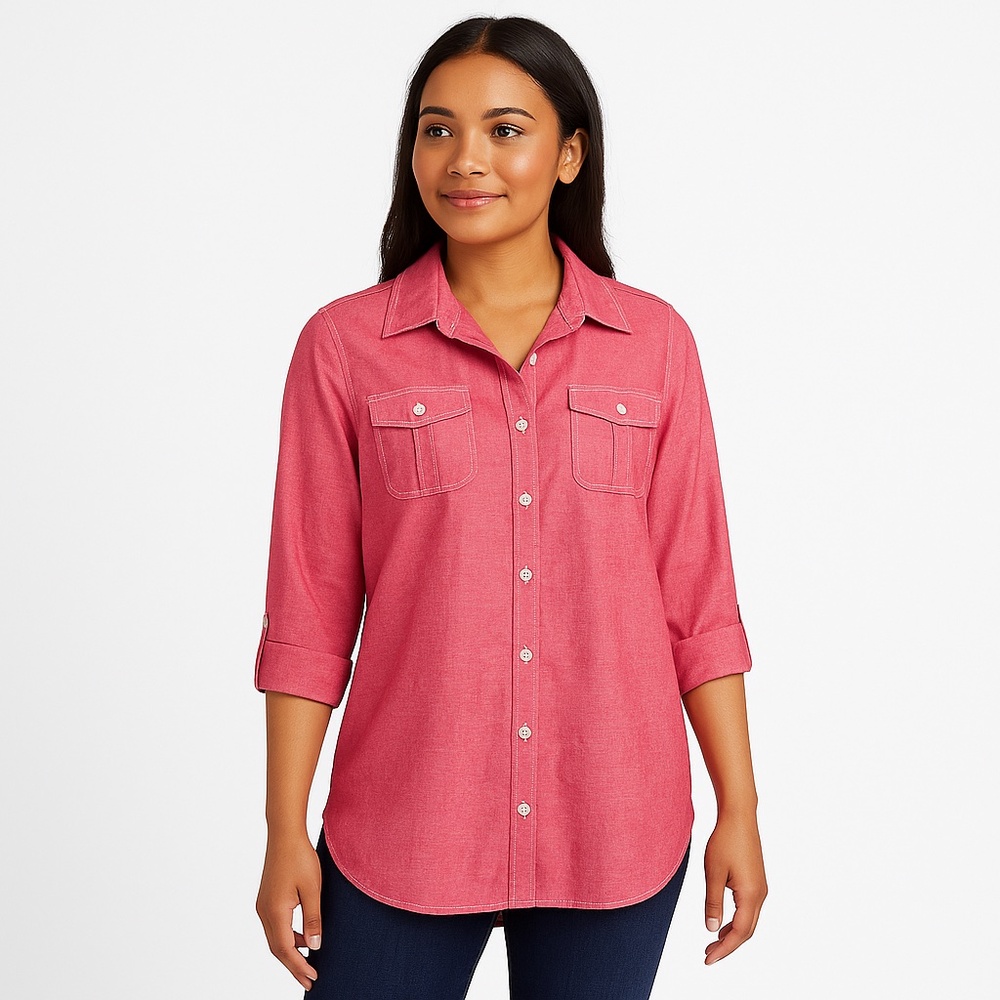 A.N.A A New Approach Pink Button Front Shirt PM Petite Cotton